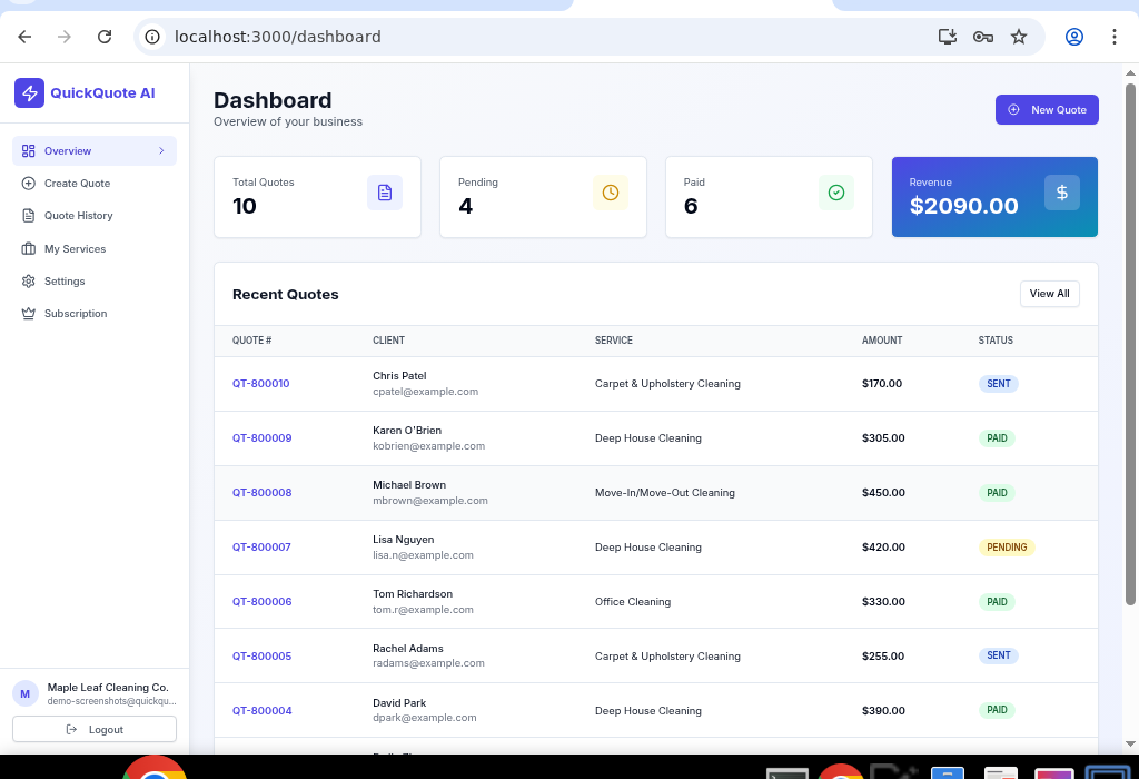 QuickQuote AI dashboard showing total quotes, revenue stats, and recent quote history with status tracking