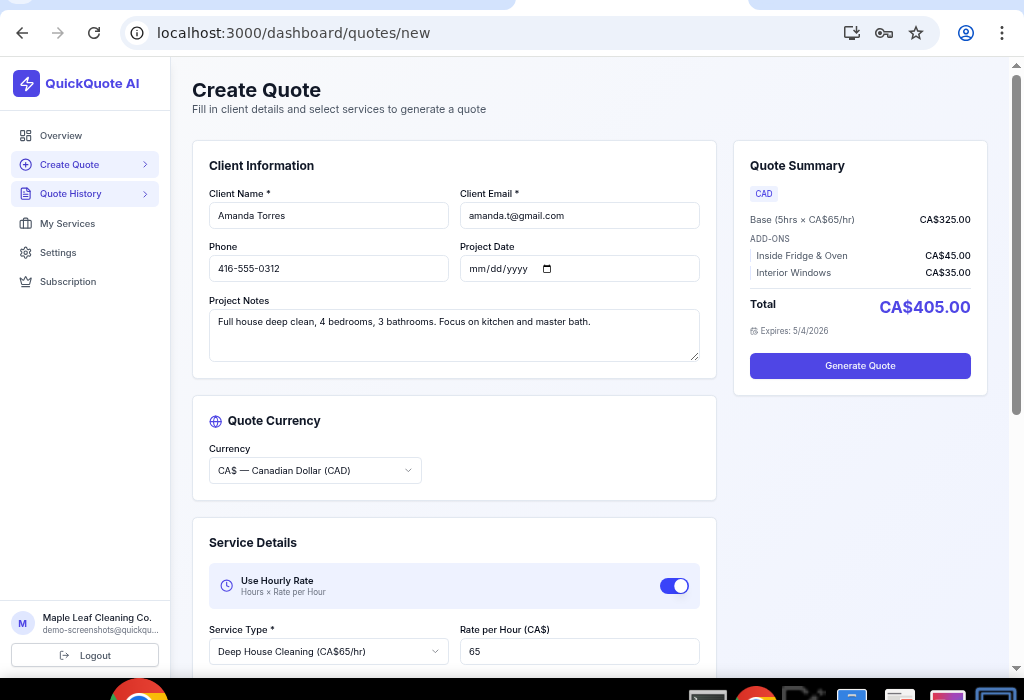 QuickQuote AI quote creation form with client details, service selection, add-ons, and AI-powered pricing